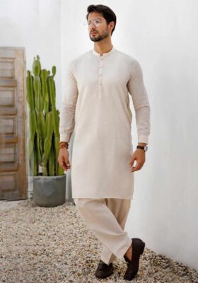 Beige Blended Kameez Shalwar
