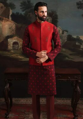 Red Poly-Cotton Kurta Trousers & Waistcoat