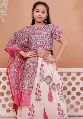 Girls Pink Floral Lehenga Choli