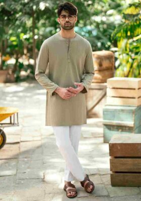 Beige Cotton Thigh Length Kurta