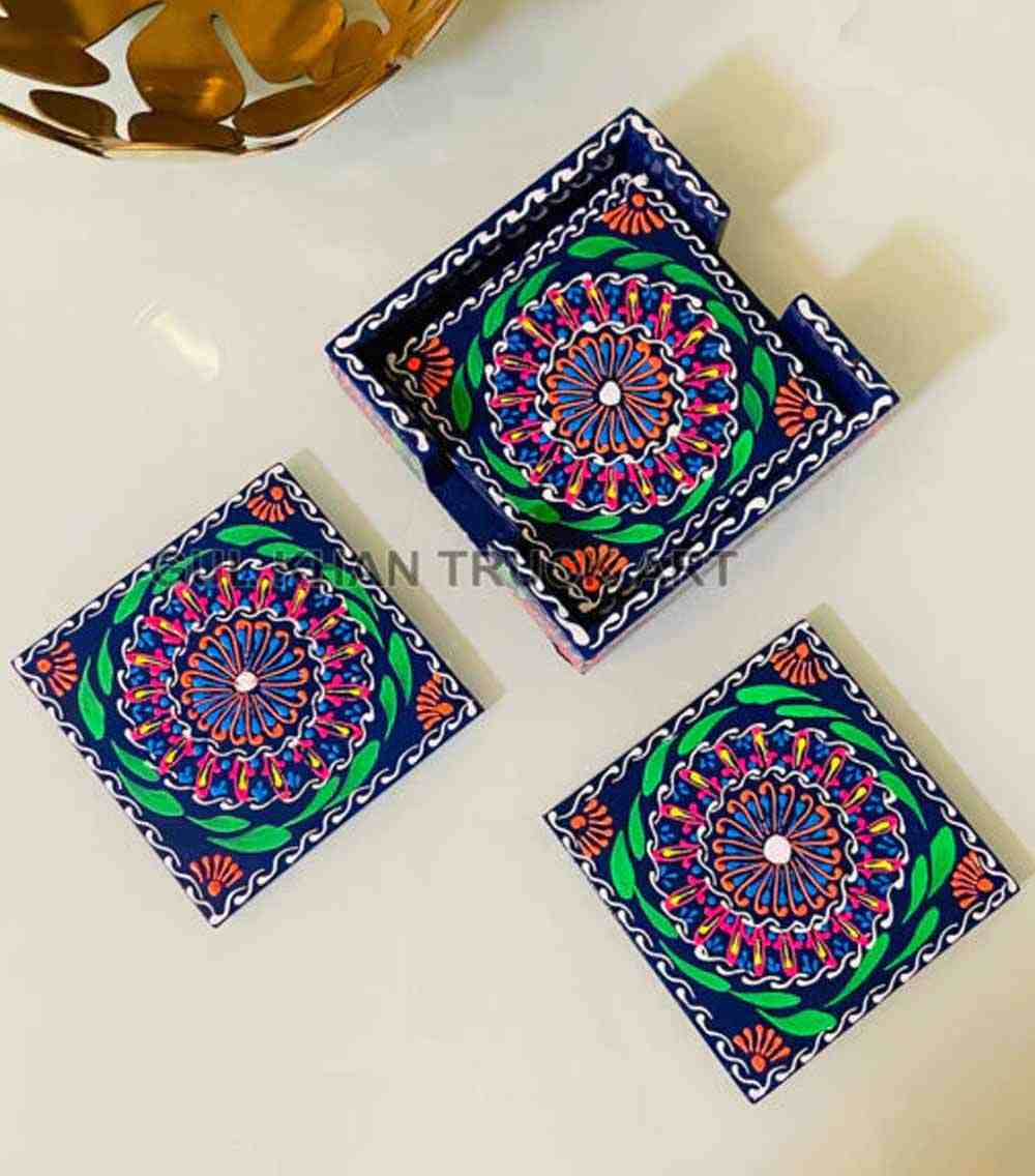 Navy-Blue-Cone-Art-Coaster-Set-Of-Six-(Handpainted)-4 - 1world Fashion
