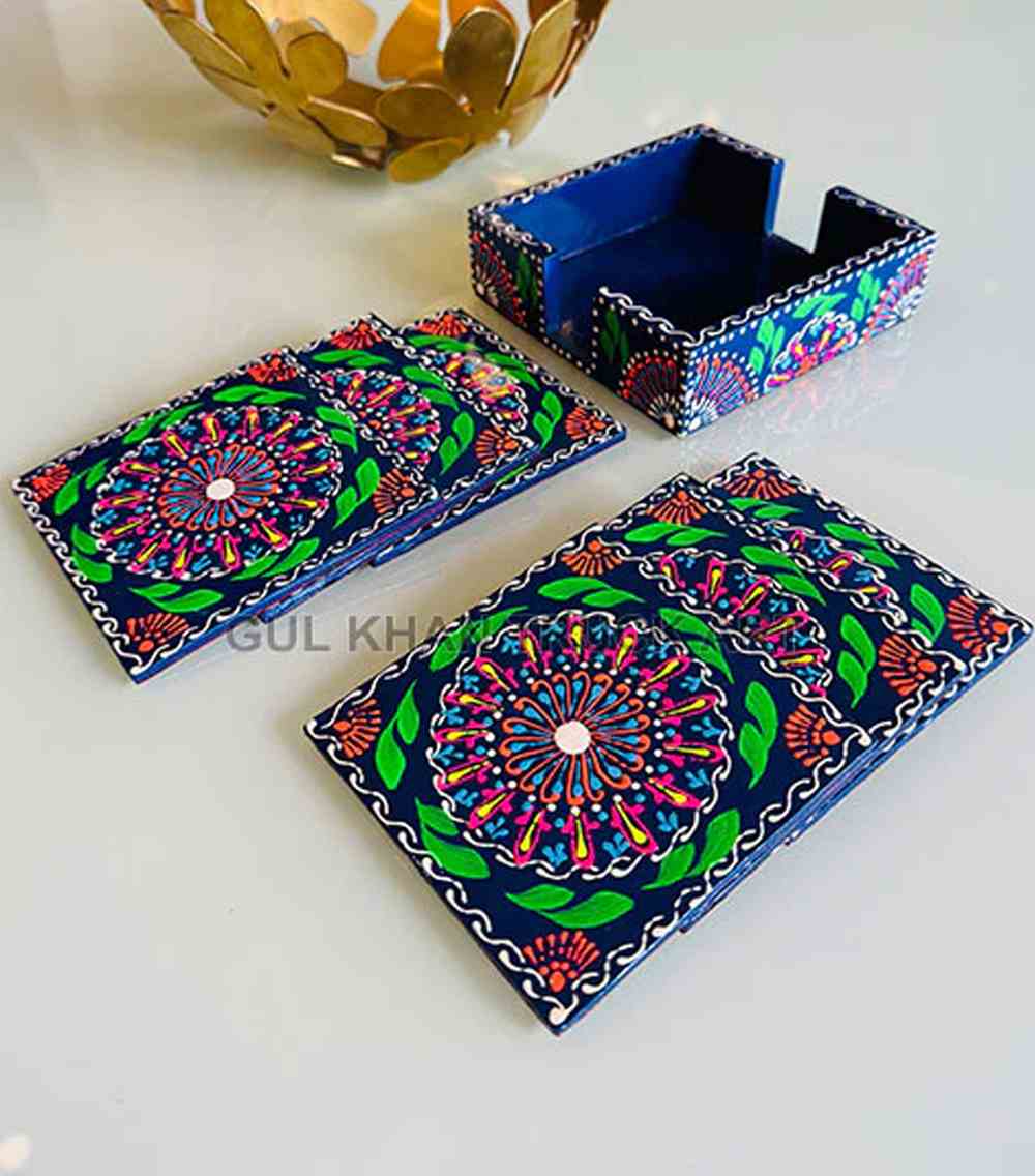 Navy-Blue-Cone-Art-Coaster-Set-Of-Six-(Handpainted) - 1world Fashion