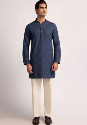 Blue Cotton Thigh Length Kurta Trousers
